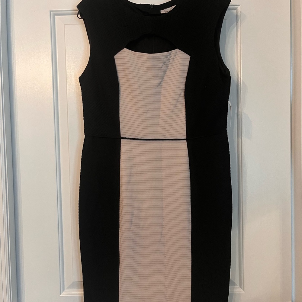 Dressbarn Black and Cream Sheath Midi Dress Sleeveless Crew Neck